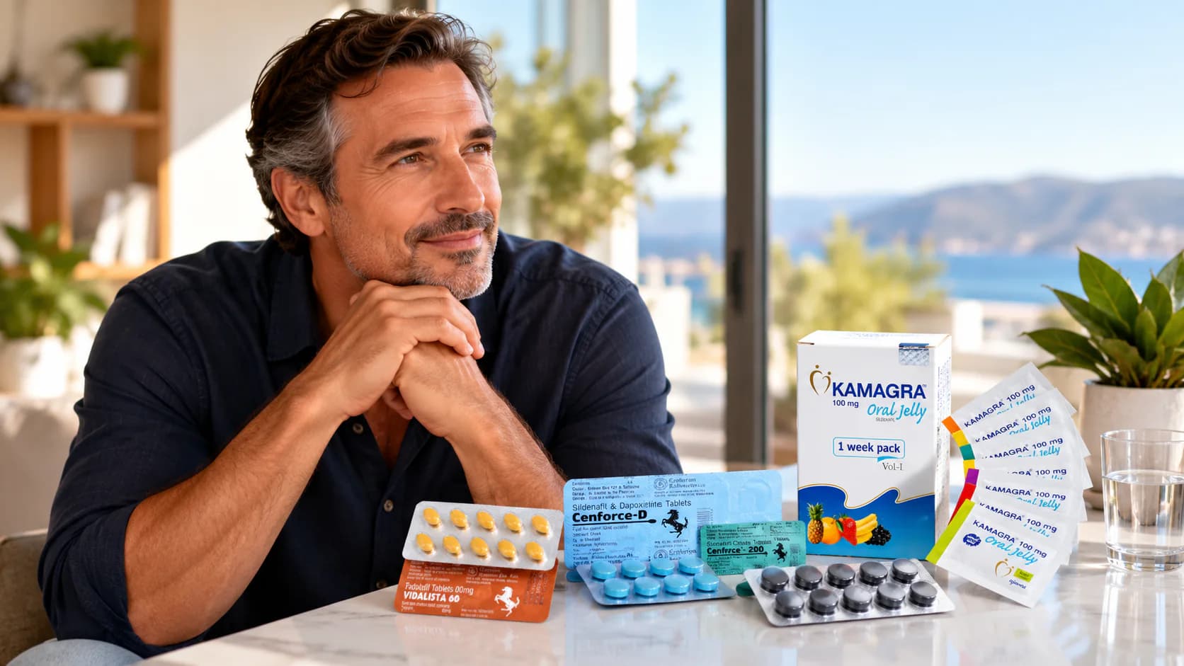 Hombre junto a varios tratamientos para la salud sexual masculina sobre una mesa