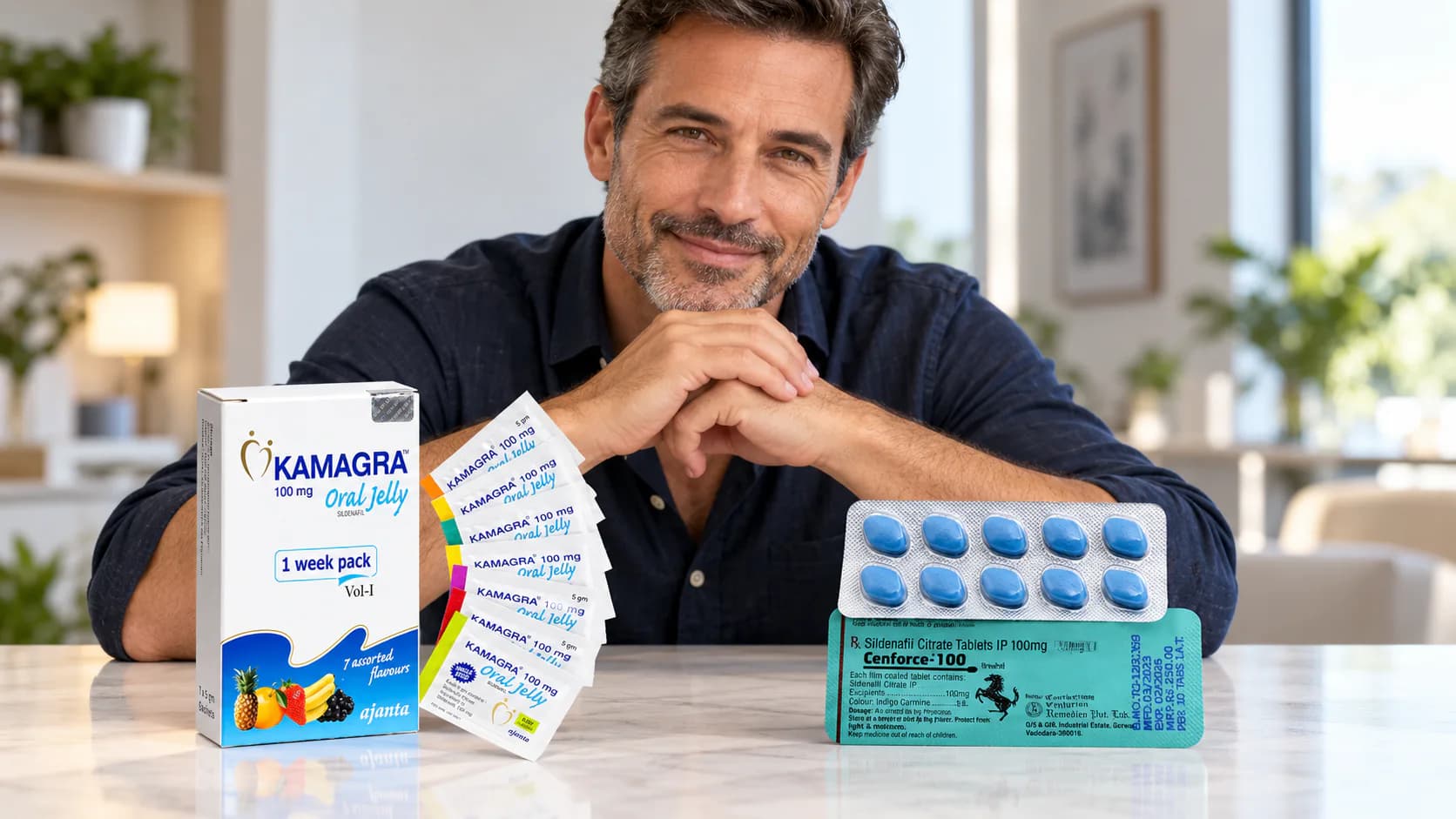 Hombre junto a un envase de Kamagra Oral Jelly y otro de Cenforce 100