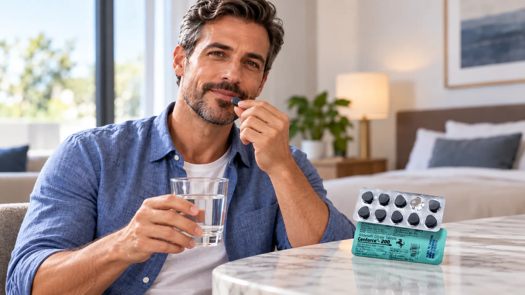 Hombre con un vaso de agua junto a un envase de comprimidos de sildenafil