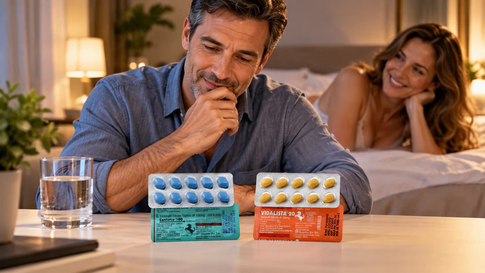 Hombre junto a envases de sildenafil y tadalafil, con su pareja al fondo